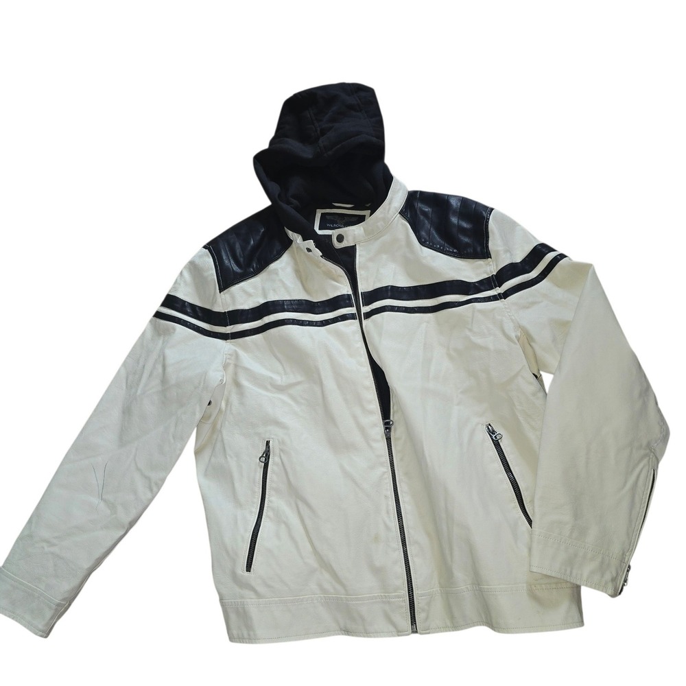 Wilsons Cycle Mens XXL Faux Leather Moto Jacket Cream Black Hooded Cafe Racer